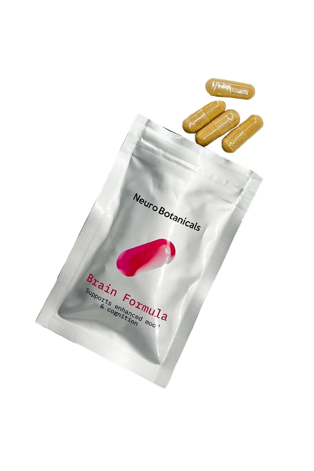 Close up of uniform clear vegetable capsules filled with a finely ground Brain Formula blend botanical powder